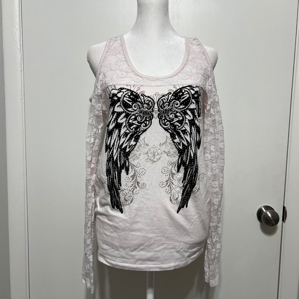 Womens‎ Y2K Cold Shoulder Lace Sleeve Top Size L Wings Graphic Edgy Rocker